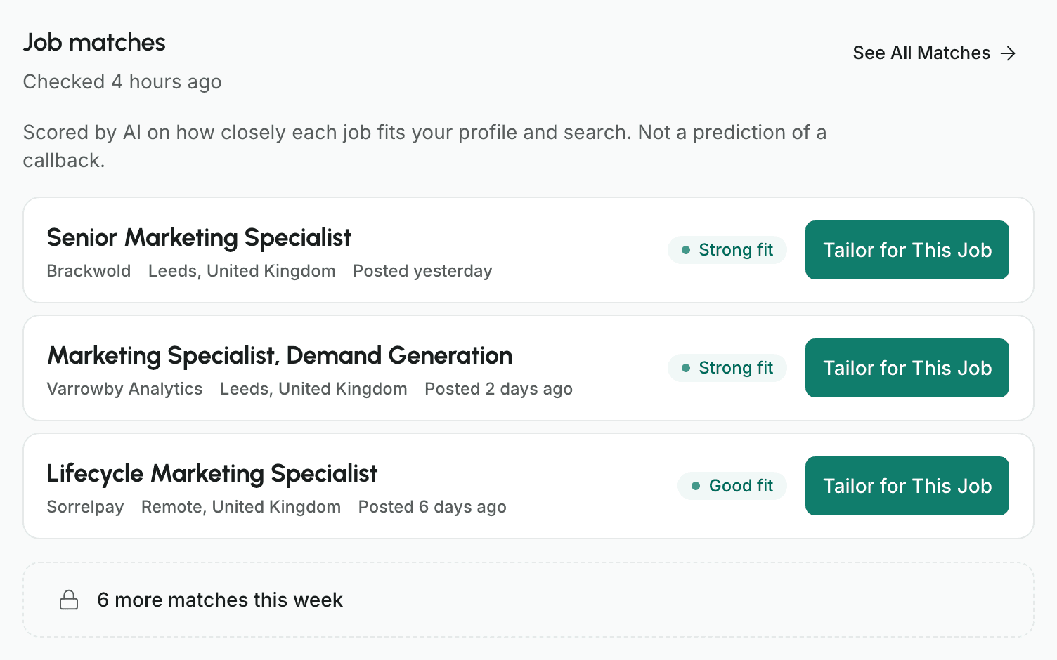 The dashboard's job matches: 3 rows, each with a job title, company, place, fit word, and Tailor for This Job button, then a locked row counting this week's other matches