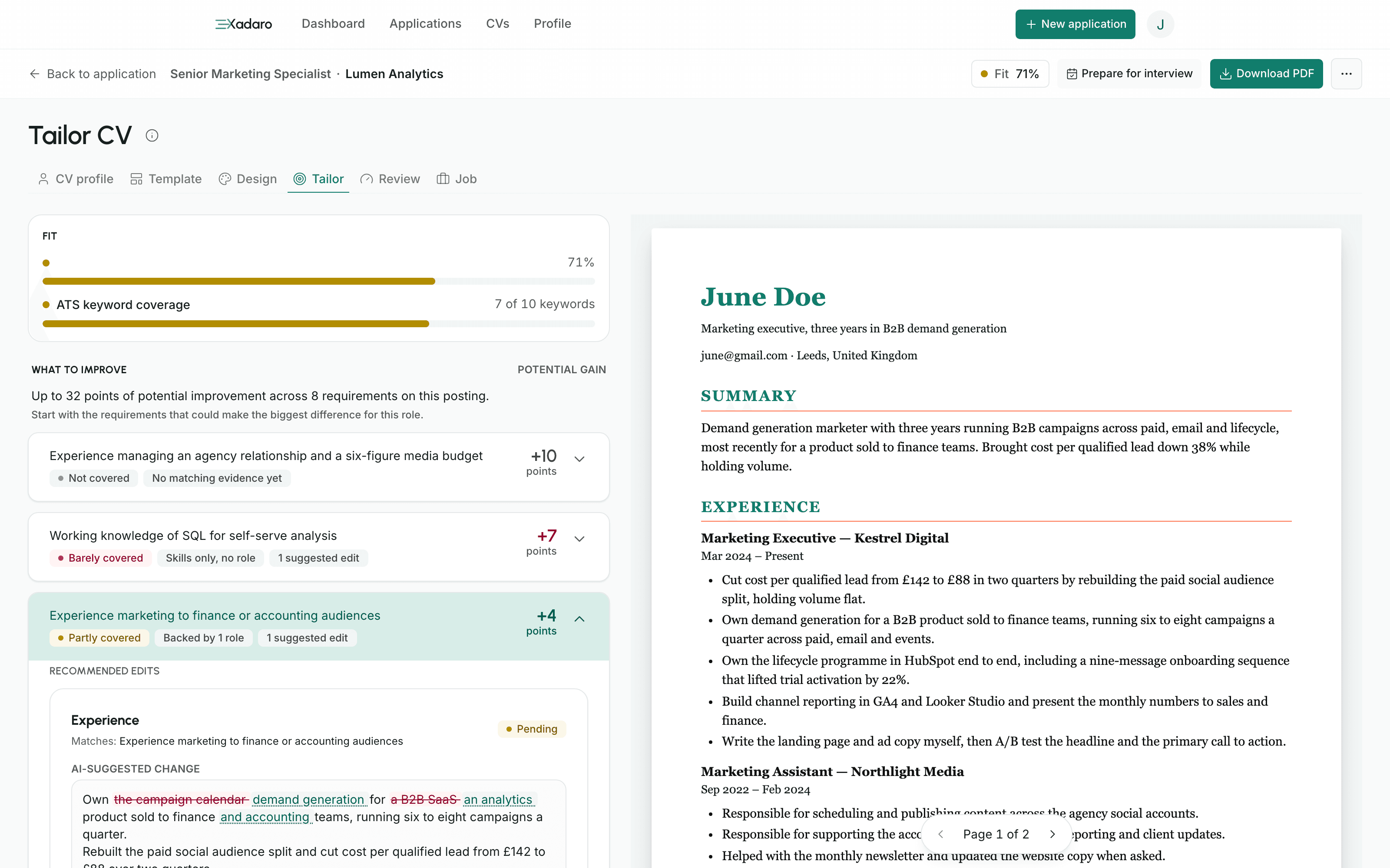 A tailored CV rendered beside the job posting's requirements, each one scored, with one suggested rewrite open